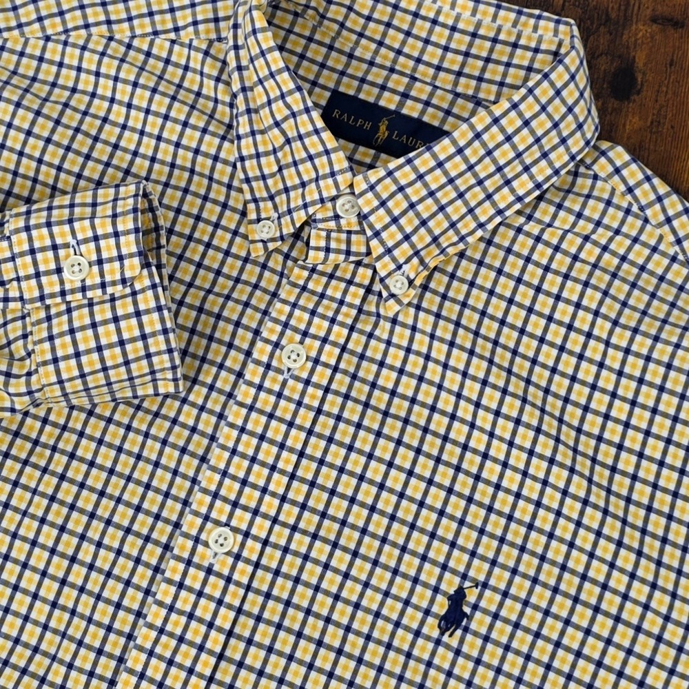 Ralph Lauren Gingham Button Down Shirt Mens Large Yellow Navy Blue Cotton Pony - Picture 1 of 7